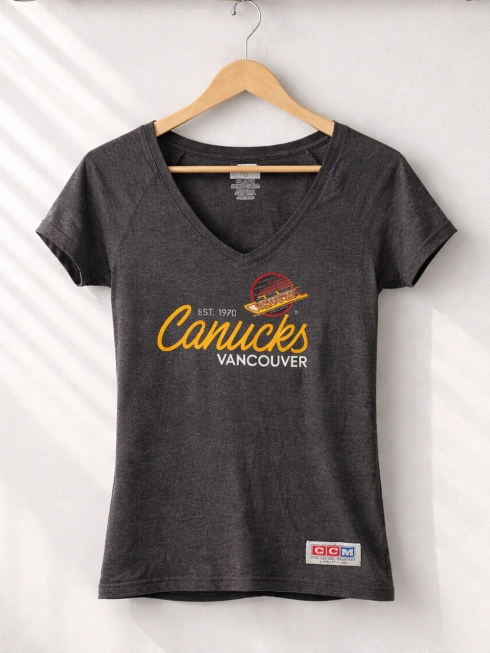 CCM Women's Charcoal V-Neck Canucks T-Shirt with Yellow Script